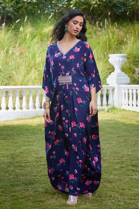Shop Aariyana Couture Blue Viscose, Georgette, Modal Crystals V-neck Floral Blossom Print Kaftan Online at Aza Fashions Shop_Aariyana Couture_Blue Viscose, Georgette, Modal Crystals V-neck Floral Blossom Print Kaftan_Online_at_Aza_Fashions