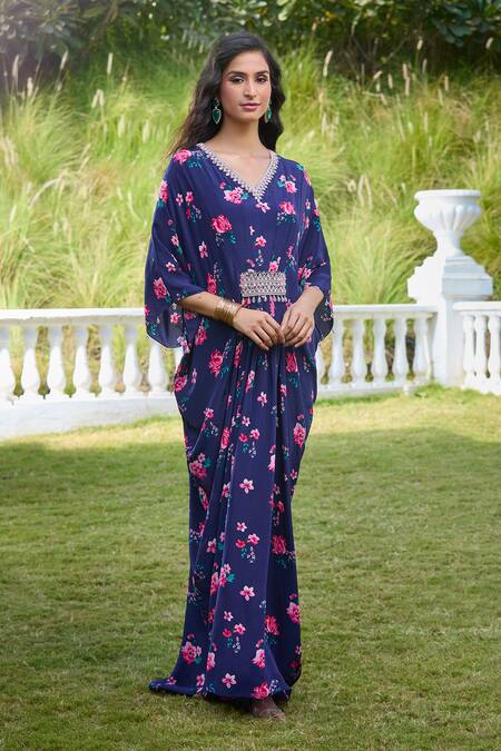Aariyana Couture Blue Viscose, Georgette, Modal Crystals V-neck Floral Blossom Print Kaftan at Aza Fashions Aariyana Couture_Blue Viscose, Georgette, Modal Crystals V-neck Floral Blossom Print Kaftan_at_Aza_Fashions