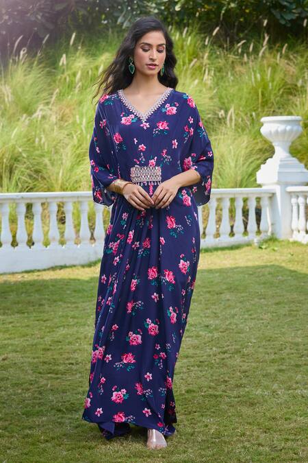 Buy Aariyana Couture Blue Viscose, Georgette, Modal Crystals V-neck Floral Blossom Print Kaftan Buy_Aariyana Couture_Blue Viscose, Georgette, Modal Crystals V-neck Floral Blossom Print Kaftan