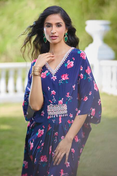 Shop Aariyana Couture Blue Viscose, Georgette, Modal Crystals V-neck Floral Blossom Print Kaftan Shop_Aariyana Couture_Blue Viscose, Georgette, Modal Crystals V-neck Floral Blossom Print Kaftan
