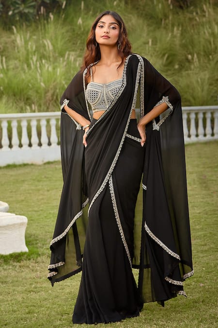 Aariyana Couture Embroidered Black Pre-Draped Saree & Cape Set 