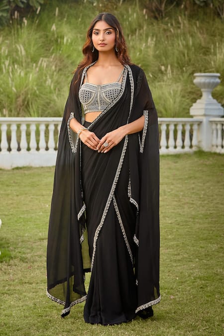 Aariyana Couture_Black Modal, Georgette Beads, Metallic Embroidered Pre-draped Saree And Cape Set_Online_at_Aza_Fashions