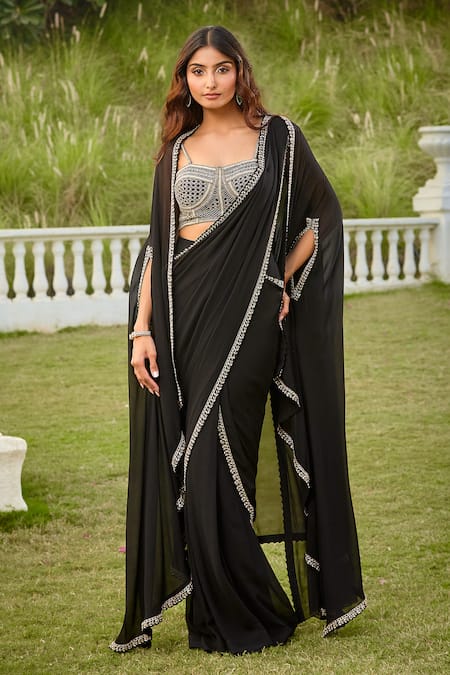 Buy_Aariyana Couture_Black Modal, Georgette Beads, Metallic Embroidered Pre-draped Saree And Cape Set_Online_at_Aza_Fashions