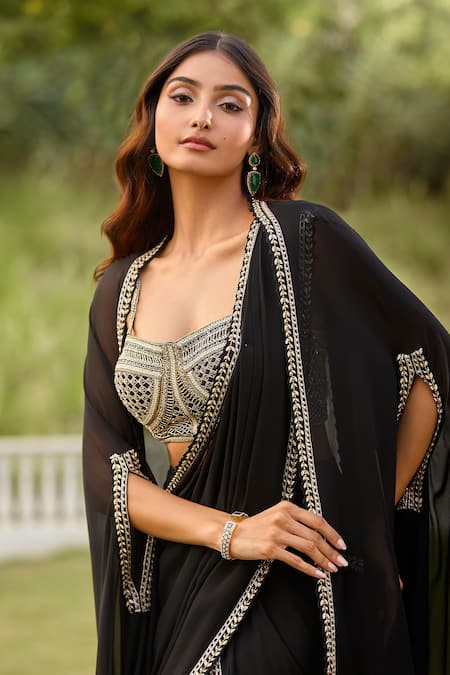 Aariyana Couture_Black Modal, Georgette Beads, Metallic Embroidered Pre-draped Saree And Cape Set_at_Aza_Fashions