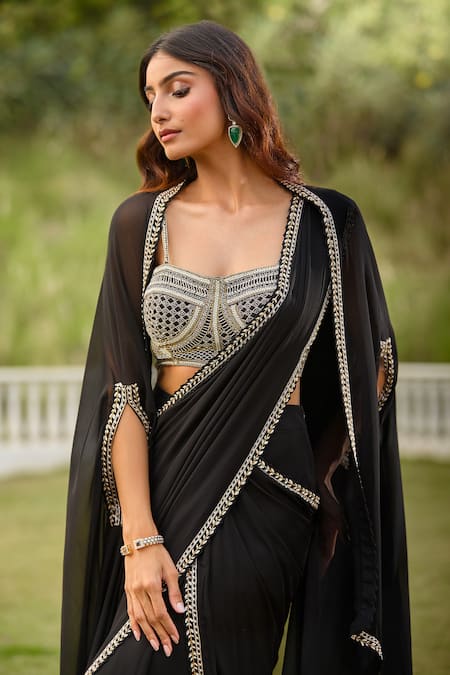 Buy_Aariyana Couture_Black Modal, Georgette Beads, Metallic Embroidered Pre-draped Saree And Cape Set