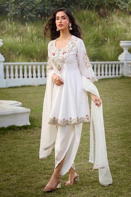 Shop Aariyana Couture White Silk, Viscose, Modal Cut Work, Sequins, Embroidery Kurta Tulip Pant Set at Aza Fashions Shop_Aariyana Couture_White Silk, Viscose, Modal Cut Work, Sequins, Embroidery Kurta Tulip Pant Set_at_Aza_Fashions