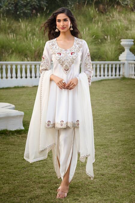 Shop Aariyana Couture White Silk, Viscose, Modal Cut Work, Sequins, Embroidery Kurta Tulip Pant Set Shop_Aariyana Couture_White Silk, Viscose, Modal Cut Work, Sequins, Embroidery Kurta Tulip Pant Set