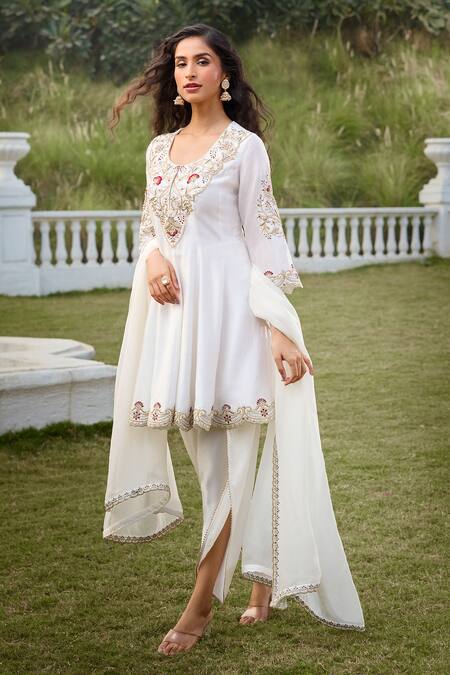 Shop_Aariyana Couture_White Silk, Viscose, Modal Cut Work, Sequins, Embroidery Kurta Tulip Pant Set 