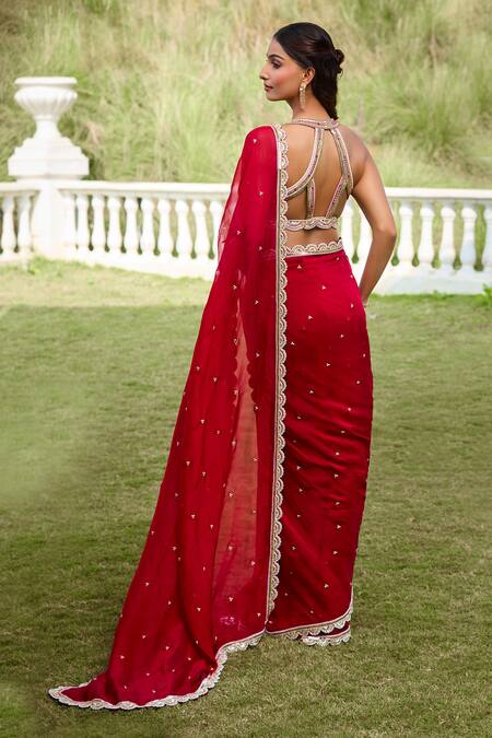Shop Aariyana Couture Red Silk, Viscose Beads, Sequins Embroidered Pre-draped Saree And Bustier Set at Aza Fashions Shop_Aariyana Couture_Red Silk, Viscose Beads, Sequins Embroidered Pre-draped Saree And Bustier Set_at_Aza_Fashions