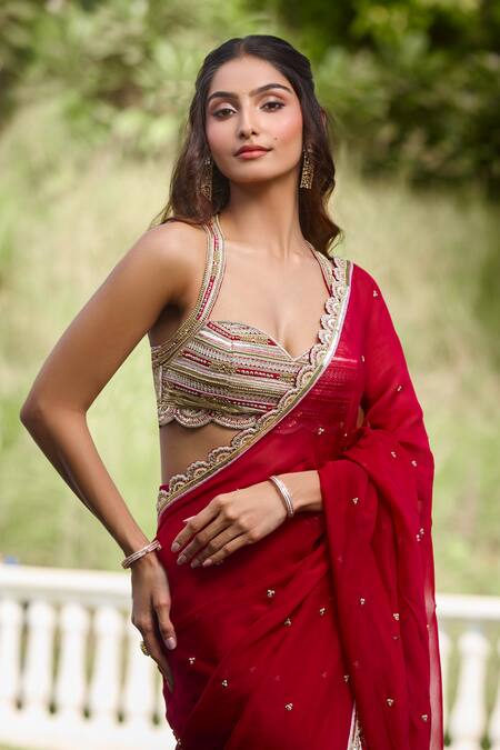 Buy Aariyana Couture Red Silk, Viscose Beads, Sequins Embroidered Pre-draped Saree And Bustier Set Buy_Aariyana Couture_Red Silk, Viscose Beads, Sequins Embroidered Pre-draped Saree And Bustier Set