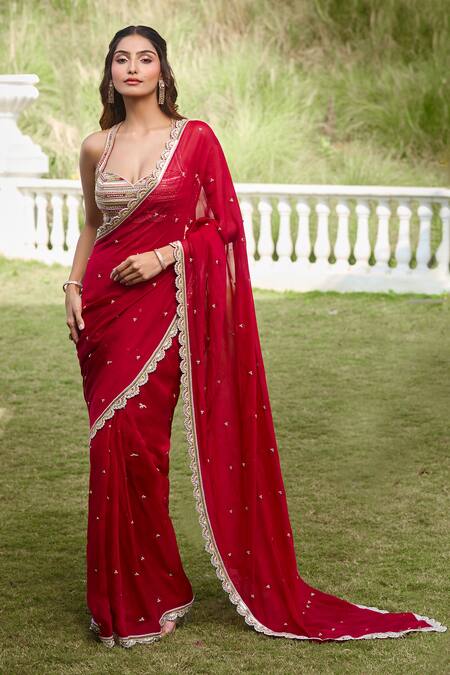 Shop Aariyana Couture Red Silk, Viscose Beads, Sequins Embroidered Pre-draped Saree And Bustier Set Shop_Aariyana Couture_Red Silk, Viscose Beads, Sequins Embroidered Pre-draped Saree And Bustier Set