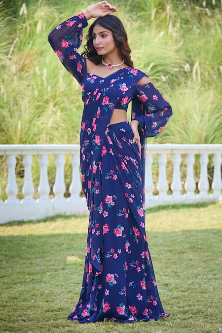 Aariyana Couture_Blue Viscose, Georgette Sequins, Floral Blossom Print Pre-draped Saree_Online_at_Aza_Fashions