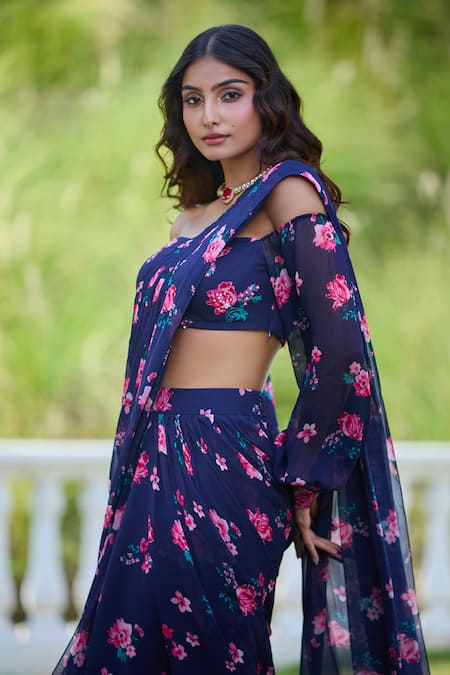 Buy_Aariyana Couture_Blue Viscose, Georgette Sequins, Floral Blossom Print Pre-draped Saree_Online_at_Aza_Fashions