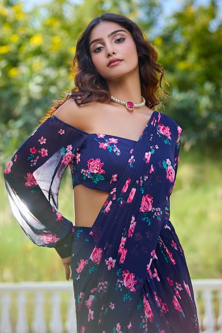 Aariyana Couture_Blue Viscose, Georgette Sequins, Floral Blossom Print Pre-draped Saree_at_Aza_Fashions