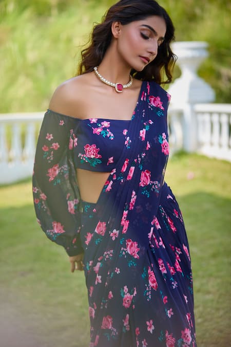 Buy_Aariyana Couture_Blue Viscose, Georgette Sequins, Floral Blossom Print Pre-draped Saree