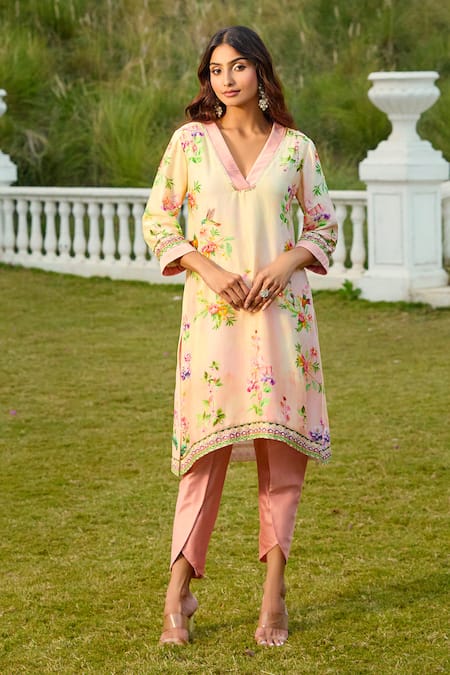 Aariyana Couture Beige Chanderi Silk Sequins, Embroidery V-neck Floral Kurta Set Online at Aza Fashions Aariyana Couture_Beige Chanderi Silk Sequins, Embroidery V-neck Floral Kurta Set _Online_at_Aza_Fashions