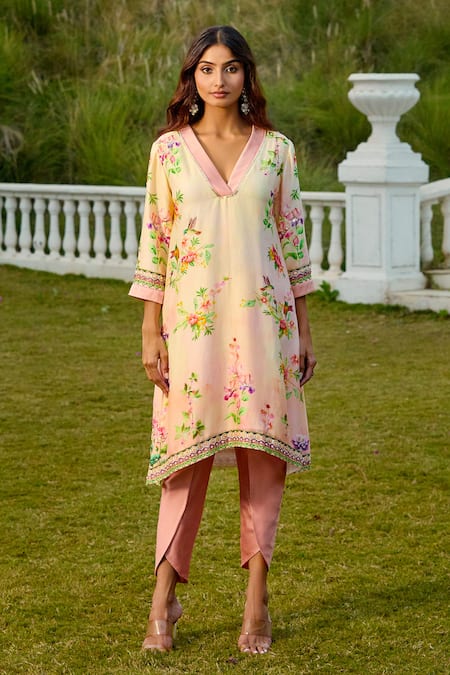 Buy Aariyana Couture Beige Chanderi Silk Sequins, Embroidery V-neck Floral Kurta Set Online at Aza Fashions Buy_Aariyana Couture_Beige Chanderi Silk Sequins, Embroidery V-neck Floral Kurta Set _Online_at_Aza_Fashions