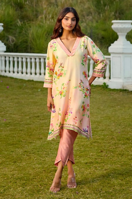 Shop Aariyana Couture Beige Chanderi Silk Sequins, Embroidery V-neck Floral Kurta Set Online at Aza Fashions Shop_Aariyana Couture_Beige Chanderi Silk Sequins, Embroidery V-neck Floral Kurta Set _Online_at_Aza_Fashions