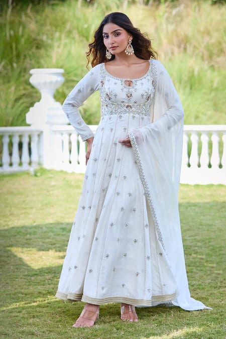 Buy Aariyana Couture White Cotton, Silk, Modal, Chiffon Sequins, Embroidery, Cut Floral Anarkali Set Online at Aza Fashions Buy_Aariyana Couture_White Cotton, Silk, Modal, Chiffon Sequins, Embroidery, Cut Floral Anarkali Set _Online_at_Aza_Fashions