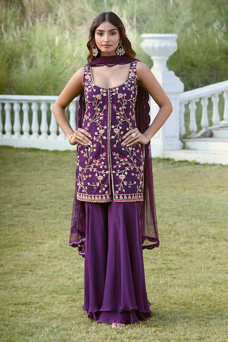 Aariyana Couture Purple Bamboo, Organza, Net Embroidery Scoop Neck Floral Kurta And Sharara Set Online at Aza Fashions Aariyana Couture_Purple Bamboo, Organza, Net Embroidery Scoop Neck Floral Kurta And Sharara Set _Online_at_Aza_Fashions