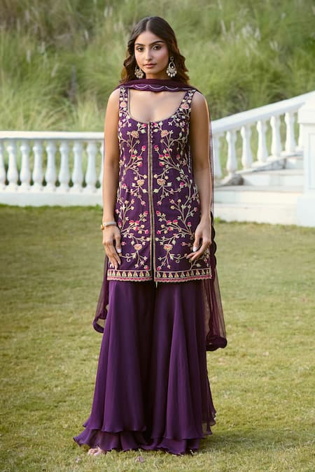 Buy Aariyana Couture Purple Bamboo, Organza, Net Embroidery Scoop Neck Floral Kurta And Sharara Set Online at Aza Fashions Buy_Aariyana Couture_Purple Bamboo, Organza, Net Embroidery Scoop Neck Floral Kurta And Sharara Set _Online_at_Aza_Fashions