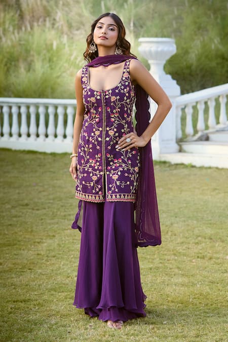 Shop Aariyana Couture Purple Bamboo, Organza, Net Embroidery Scoop Neck Floral Kurta And Sharara Set Online at Aza Fashions Shop_Aariyana Couture_Purple Bamboo, Organza, Net Embroidery Scoop Neck Floral Kurta And Sharara Set _Online_at_Aza_Fashions