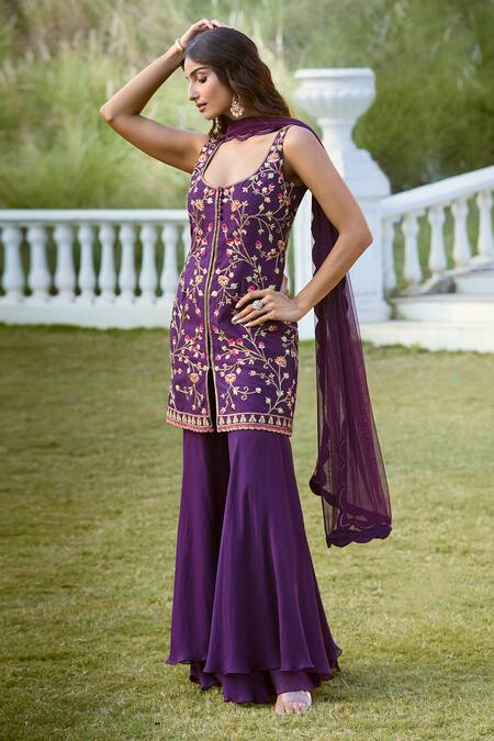 Aariyana Couture Purple Bamboo, Organza, Net Embroidery Scoop Neck Floral Kurta And Sharara Set at Aza Fashions Aariyana Couture_Purple Bamboo, Organza, Net Embroidery Scoop Neck Floral Kurta And Sharara Set _at_Aza_Fashions