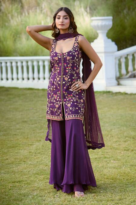 Buy Aariyana Couture Purple Bamboo, Organza, Net Embroidery Scoop Neck Floral Kurta And Sharara Set Buy_Aariyana Couture_Purple Bamboo, Organza, Net Embroidery Scoop Neck Floral Kurta And Sharara Set
