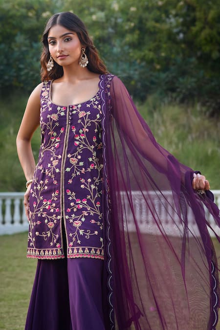 Shop Aariyana Couture Purple Bamboo, Organza, Net Embroidery Scoop Neck Floral Kurta And Sharara Set Shop_Aariyana Couture_Purple Bamboo, Organza, Net Embroidery Scoop Neck Floral Kurta And Sharara Set