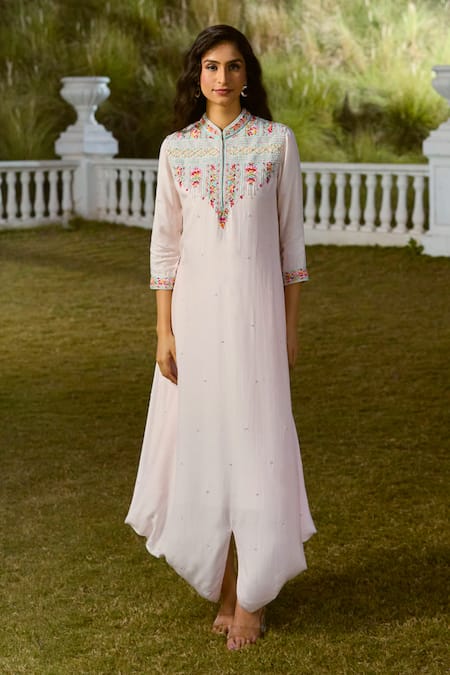 Buy Aariyana Couture Peach Cotton, Silk Cut Work, Beads Mandarin Collar Floral Embroidered Tunic Online at Aza Fashions Buy_Aariyana Couture_Peach Cotton, Silk Cut Work, Beads Mandarin Collar Floral Embroidered Tunic _Online_at_Aza_Fashions