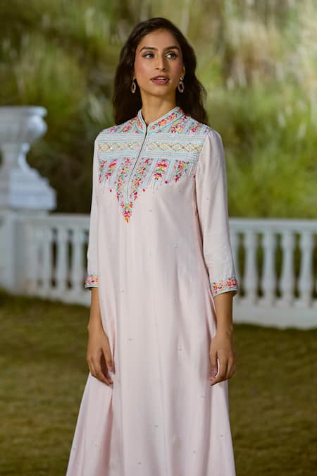 Buy Aariyana Couture Peach Cotton, Silk Cut Work, Beads Mandarin Collar Floral Embroidered Tunic Buy_Aariyana Couture_Peach Cotton, Silk Cut Work, Beads Mandarin Collar Floral Embroidered Tunic