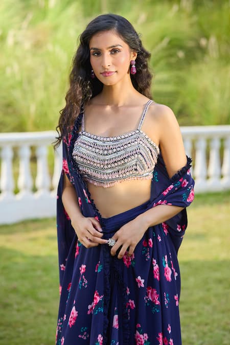 Aariyana Couture_Blue Crepe, Modal Embroidery, Sequins Floral Blossom Print Cape Draped Skirt Set _at_Aza_Fashions