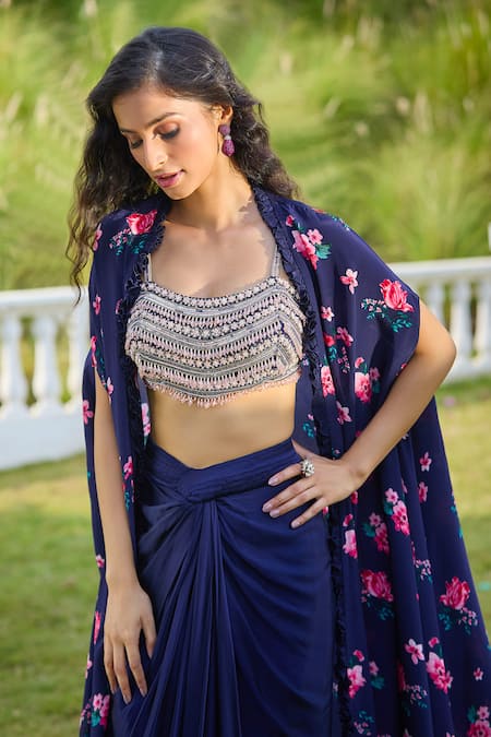 Buy_Aariyana Couture_Blue Crepe, Modal Embroidery, Sequins Floral Blossom Print Cape Draped Skirt Set 