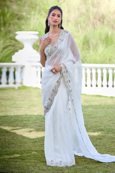 Aariyana Couture_White Viscose, Silk Sequins, Beads, Embroidery V-neck Floral Saree Set_Online_at_Aza_Fashions