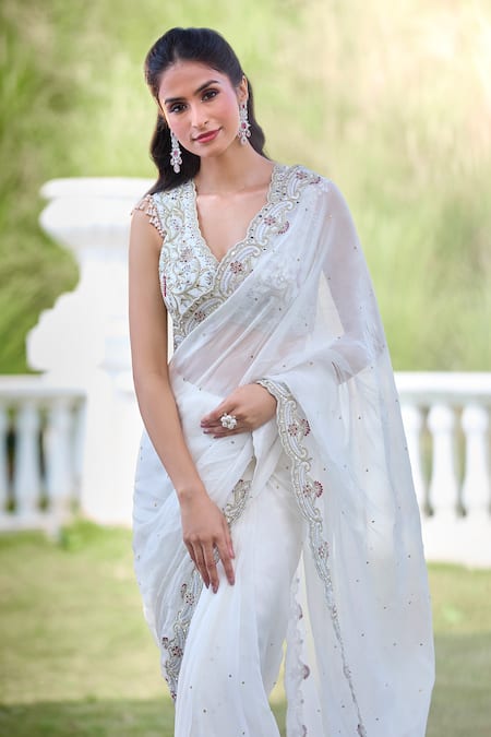 Shop_Aariyana Couture_White Viscose, Silk Sequins, Beads, Embroidery V-neck Floral Saree Set_Online_at_Aza_Fashions
