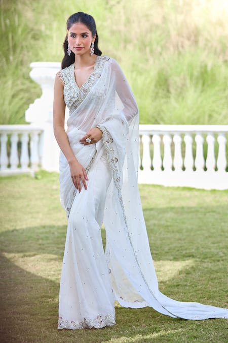 Aariyana Couture_White Viscose, Silk Sequins, Beads, Embroidery V-neck Floral Saree Set_at_Aza_Fashions