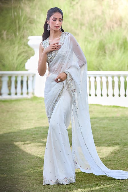 Buy_Aariyana Couture_White Viscose, Silk Sequins, Beads, Embroidery V-neck Floral Saree Set