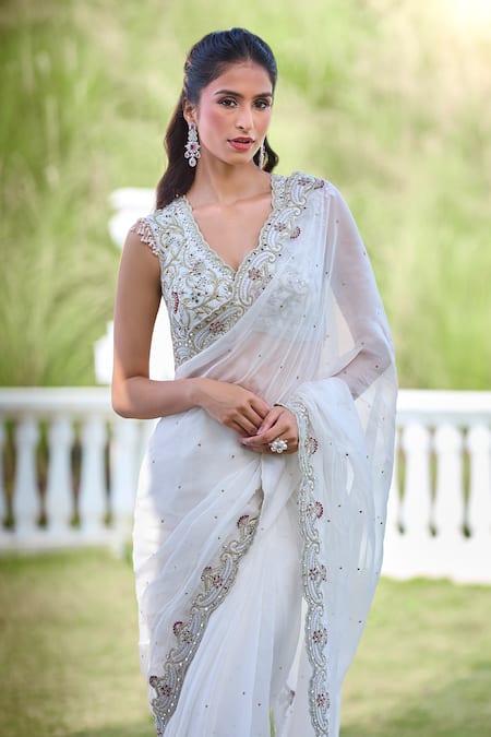 Shop_Aariyana Couture_White Viscose, Silk Sequins, Beads, Embroidery V-neck Floral Saree Set