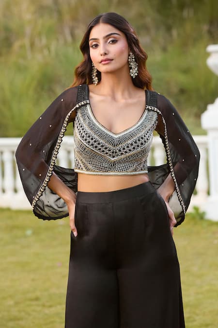Buy_Aariyana Couture_Black Modal Hand Embroidered Cape Top And Pant Set _Online_at_Aza_Fashions