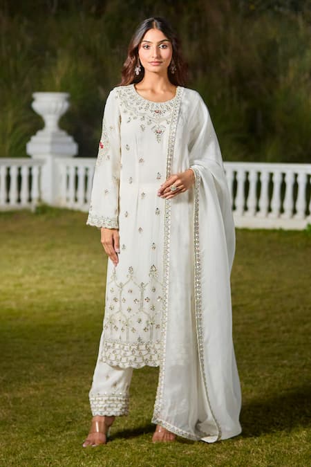 Buy_Aariyana Couture_White Viscose, Georgette Cut Work, Floral Butti Embroidered Kurta Pant Set _Online_at_Aza_Fashions