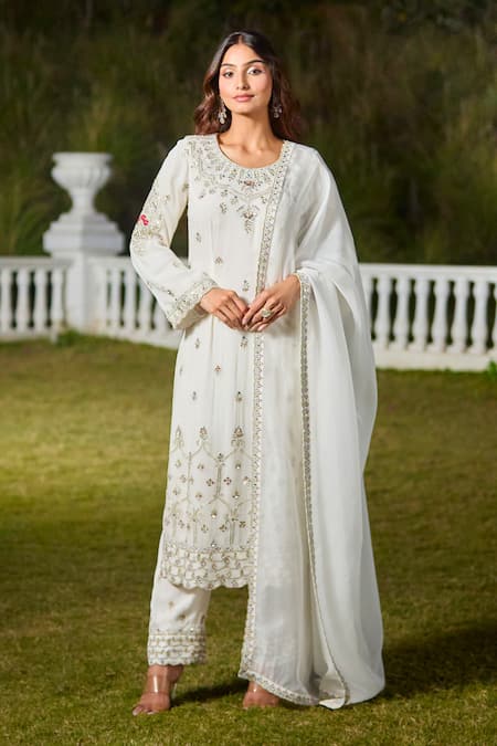 Shop_Aariyana Couture_White Viscose, Georgette Cut Work, Floral Butti Embroidered Kurta Pant Set _Online_at_Aza_Fashions
