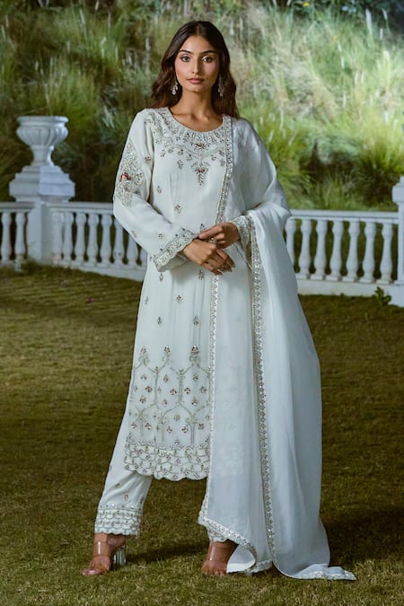 Shop_Aariyana Couture_White Viscose, Georgette Cut Work, Floral Butti Embroidered Kurta Pant Set 