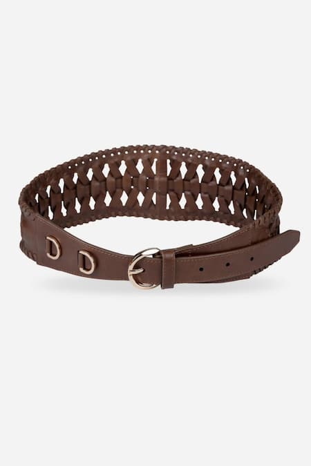 Econock Studio_Brown Cut Work Twisted Leather Belt _Online_at_Aza_Fashions