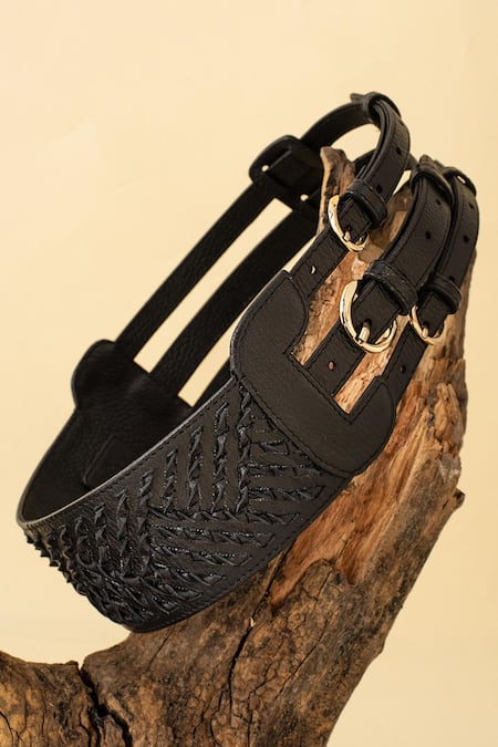 Shop Econock Studio Black Textured Leather Belt With Triple Buckle at Aza Fashions Shop_Econock Studio_Black Textured Leather Belt With Triple Buckle _at_Aza_Fashions