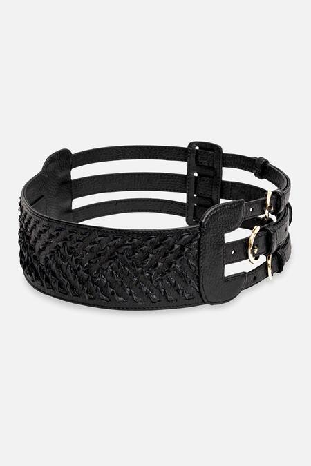 Shop Econock Studio Black Textured Leather Belt With Triple Buckle Online at Aza Fashions Shop_Econock Studio_Black Textured Leather Belt With Triple Buckle _Online_at_Aza_Fashions