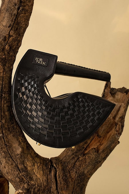Shop Econock Studio Black Handcrafted Leather Semicircular Clutch at Aza Fashions Shop_Econock Studio_Black Handcrafted Leather Semicircular Clutch _at_Aza_Fashions