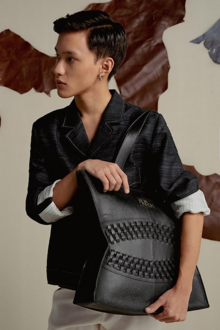 Econock Studio Black Cut Work Handcrafted Leather Tote Bag 