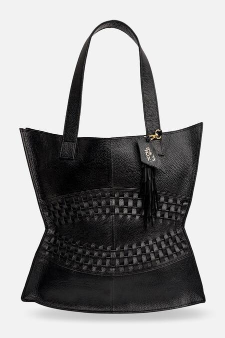 Shop Econock Studio Black Cut Work Handcrafted Leather Tote Bag Shop_Econock Studio_Black Cut Work Handcrafted Leather Tote Bag