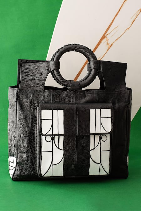 Shop Econock Studio Black Geometric Pattern Tote Bag at Aza Fashions Shop_Econock Studio_Black Geometric Pattern Tote Bag _at_Aza_Fashions