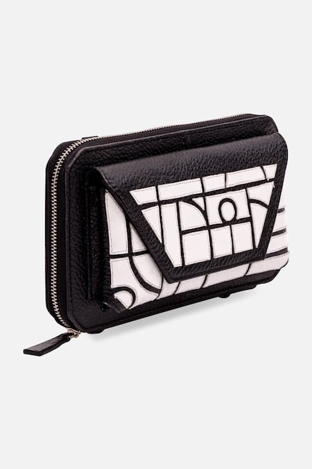 Shop Econock Studio Black Embroidery Geometric Design Leather Wallet at Aza Fashions Shop_Econock Studio_Black Embroidery Geometric Design Leather Wallet _at_Aza_Fashions